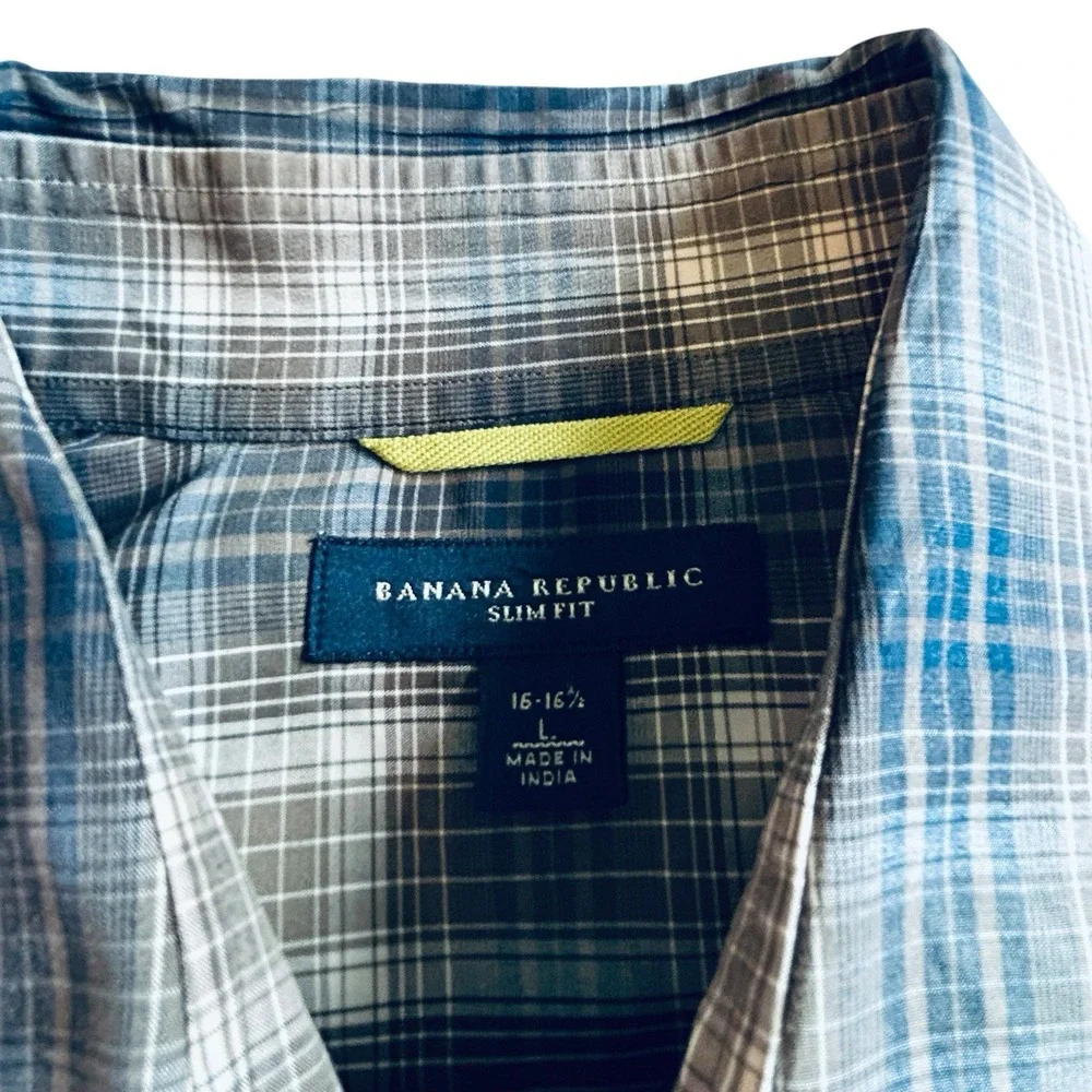 Banana Republic Mens L Slim Fit Plaid Shirt Blue Brown Tan Cotton Stretch Large